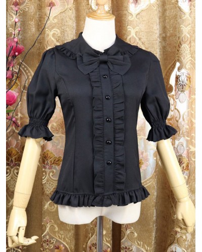 Sweet Lolita Shirt Bow Frill Peter Pan Collar Black Chiffon Half Sleeve Lolita Top Spring Summer