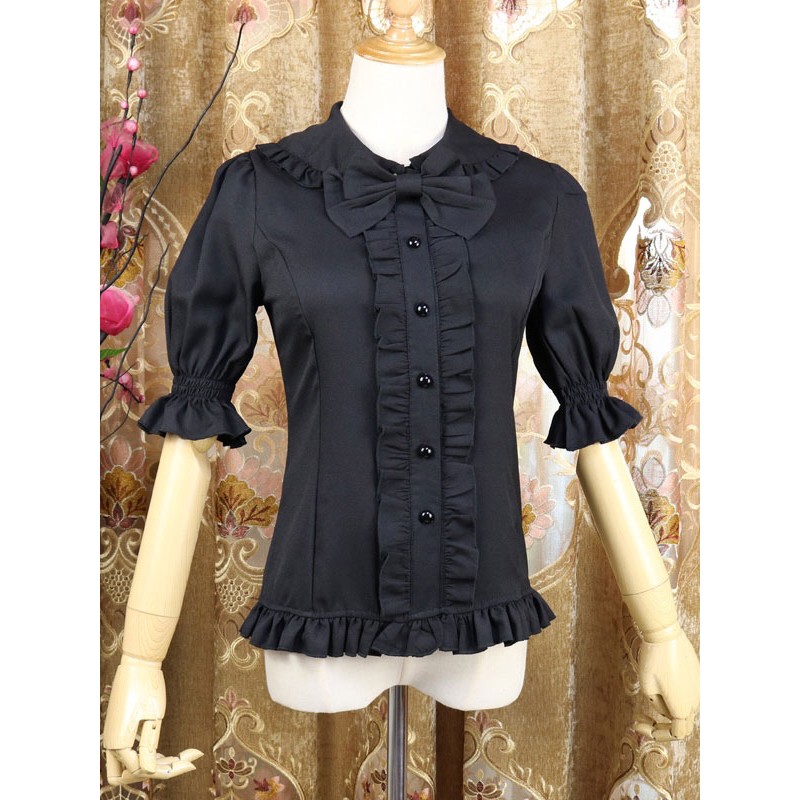 Sweet Lolita Shirt Bow Frill Peter Pan Collar Black Chiffon Half Sleeve Lolita Top Spring Summer