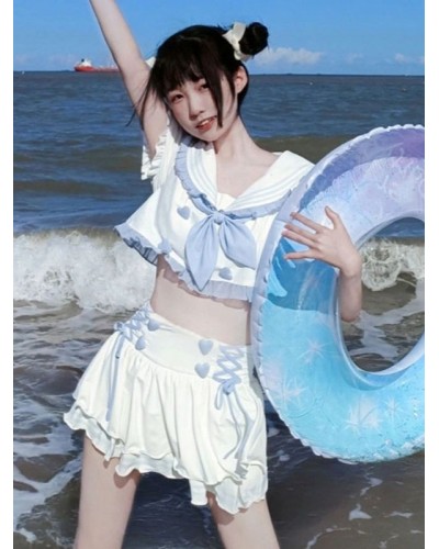 Navy Style Lolita Swimsuits Light Sky Blue Ruffles Short Sleeves Pants Top Sets Sweet Navy Style Daily Casual