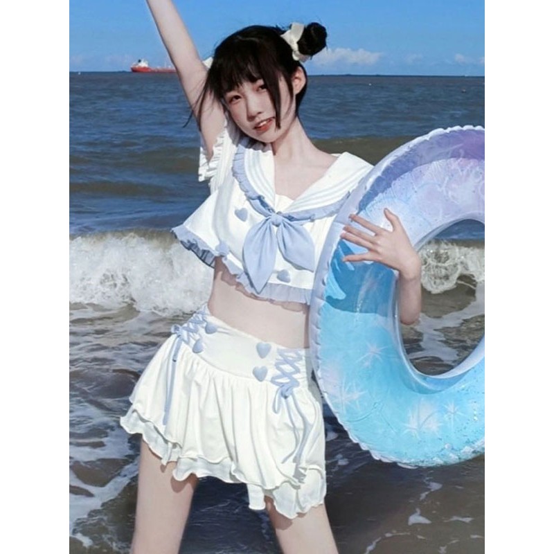 Navy Style Lolita Swimsuits Light Sky Blue Ruffles Short Sleeves Pants Top Sets Sweet Navy Style Daily Casual