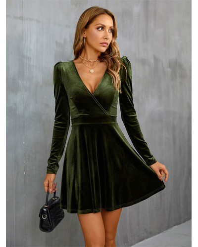 Women 's Clothing Dresses Velvet Dress Hunter Green Long Sleeves Velour V-Neck Elegant Spring Fall