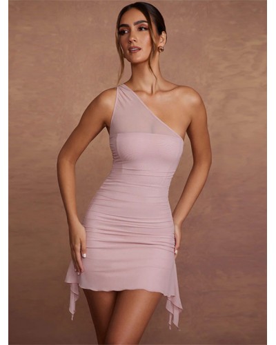 Dresses Pink One-Shoulder Cascading Ruffles Sheer Sexy Sleeveless Pencil Dress Bodycon Street Wear Daily Casual Party