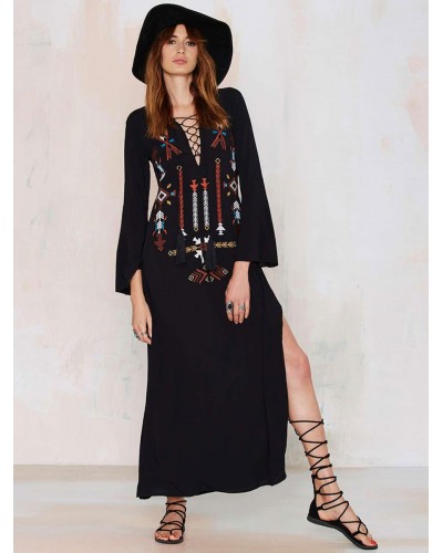 Women Boho Dress Black Cotton V-neck Long Sleeve Embroidered Gypsy Beach Vacation Long Dress Bohemian Spring Fall