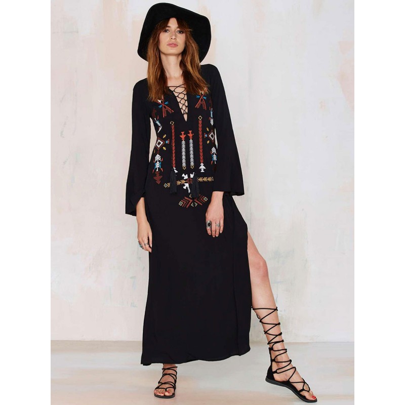 Women Boho Dress Black Cotton V-neck Long Sleeve Embroidered Gypsy Beach Vacation Long Dress Bohemian Spring Fall