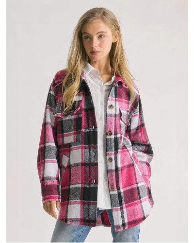 Women's Jackets Turndown Collar Plaid Oversized Front Button Pockets Street Wear Rose Winter Jacket Chic  Modern Casual