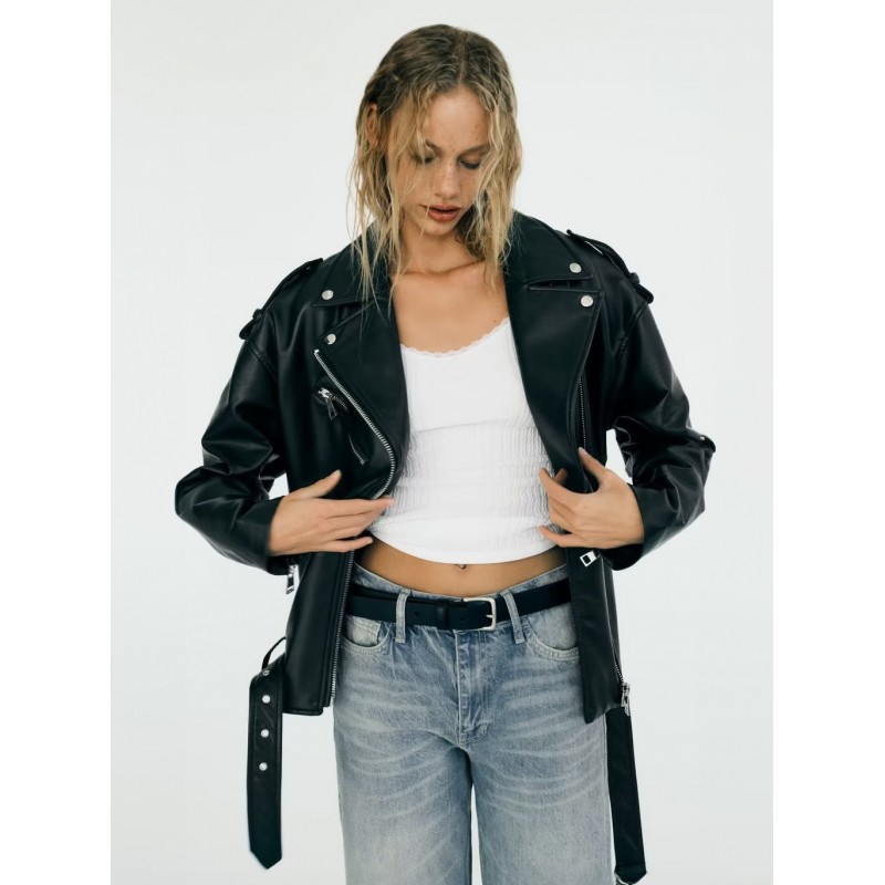 PU Leather Jacket Turndown Collar Outerwear For Women Moto Spring Fall Winter