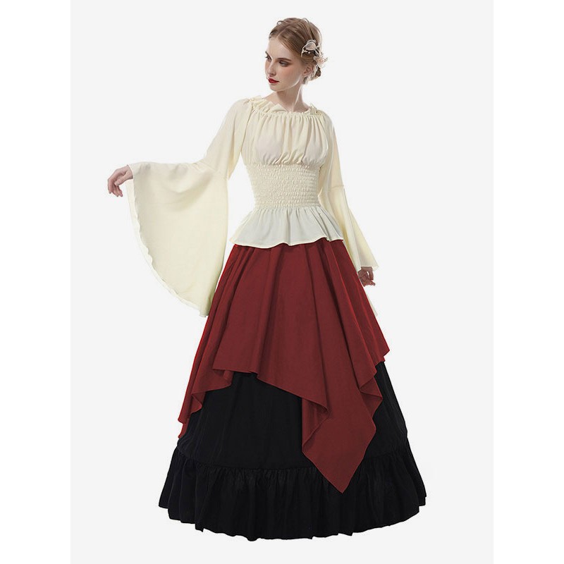 Victorian Costume Retro Long Trumpet Sleeve Chiffon Women’s Medieval Dress Carnival Middle Ages Mardi Gras Halloween