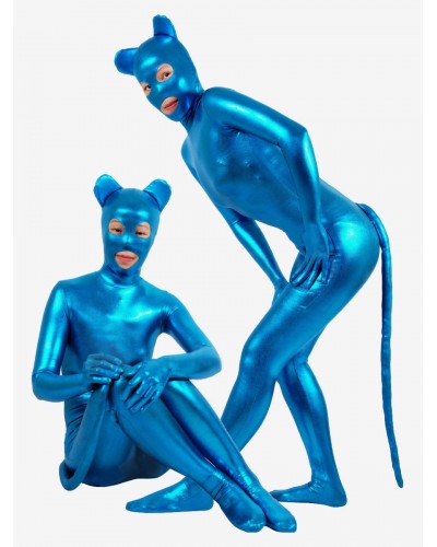 Unisex Halloween Blue Sexy Catwoman Shiny Metallic Catsuit