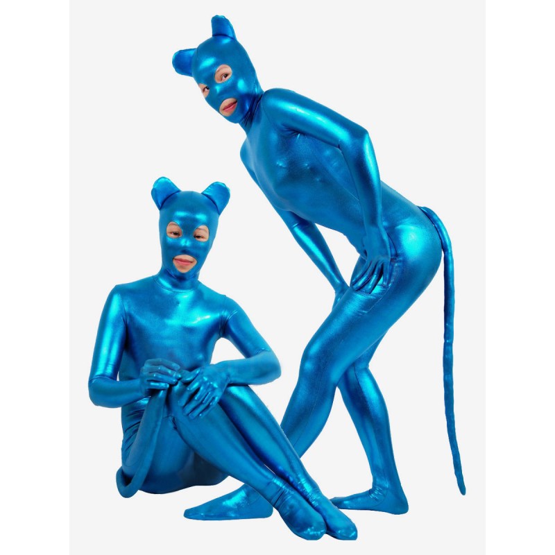 Unisex Halloween Blue Sexy Catwoman Shiny Metallic Catsuit