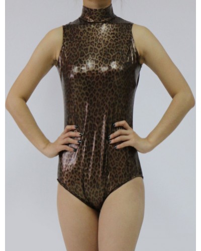 Women Dark Brown Leopard Print Sleeveless Shiny Metallic Bodysuit For Leotard