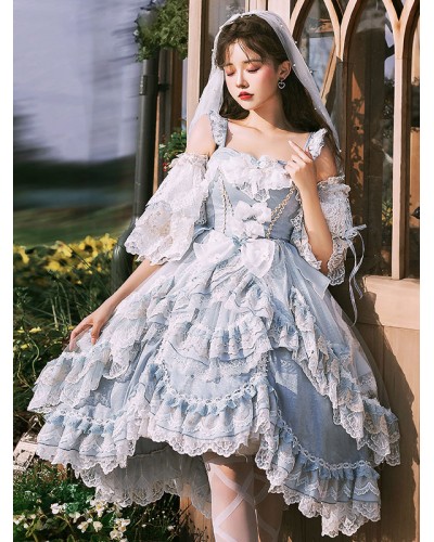 Sweet Lolita Dress Sleeveless Butterfly Pearls Bows Lace Sky Blue Lolita Wedding Dress