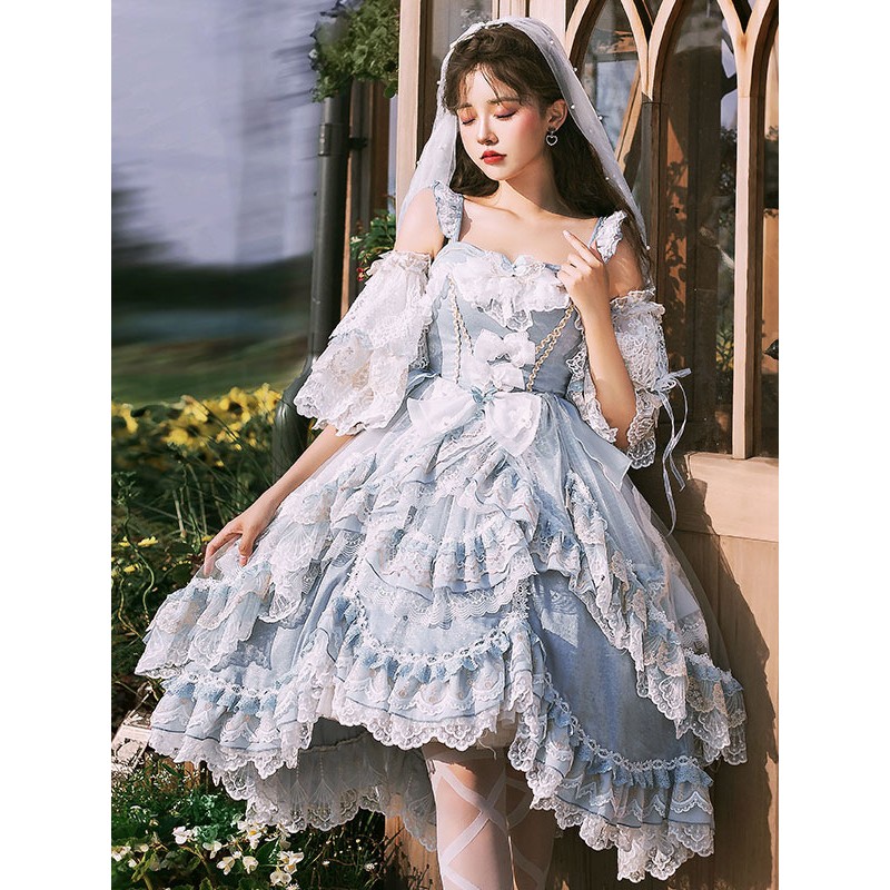 Sweet Lolita Dress Sleeveless Butterfly Pearls Bows Lace Sky Blue Lolita Wedding Dress