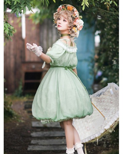 Sweet Lolita Dress Polyester Short Sleeves Ruffles Dress