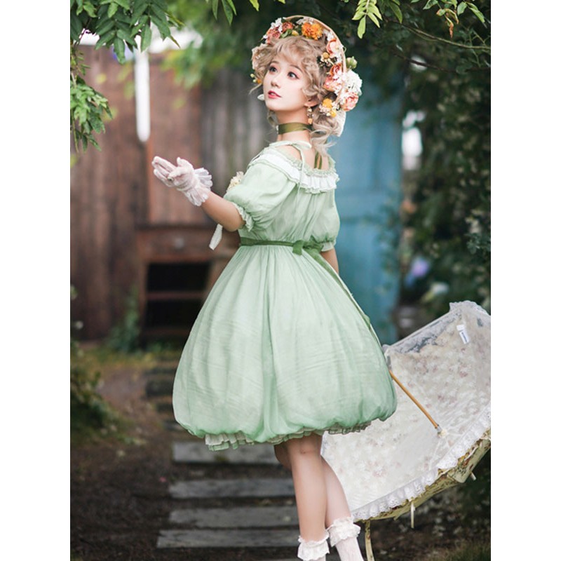 Sweet Lolita Dress Polyester Short Sleeves Ruffles Dress