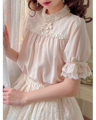 Lolita Light Apricot Half Sleeves Bows Ruffles Lolita Top Lolita Shirt Blouses Sweet ROCOCO Daily Casual Tea Party