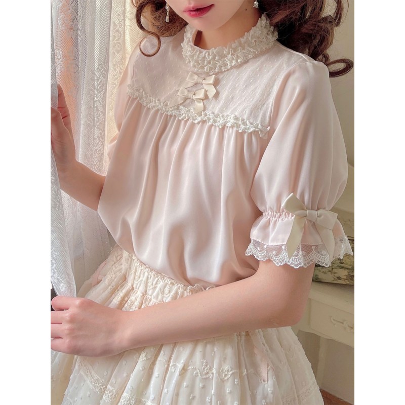 Lolita Light Apricot Half Sleeves Bows Ruffles Lolita Top Lolita Shirt Blouses Sweet ROCOCO Daily Casual Tea Party