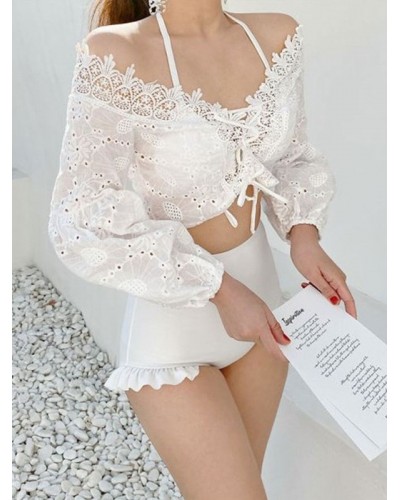 White Lolita Outfits Lace Up Ruffles Long Sleeves Pants  Swimsuit Sets Daily Casual