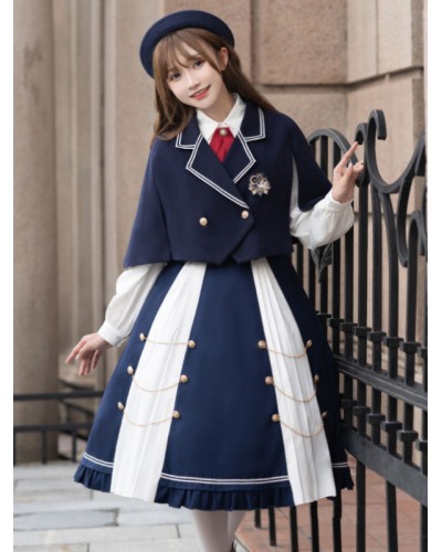 Lolita Outfits Dark Navy Long Sleeves Cape Top Skirt Sets Academic Daily Casual