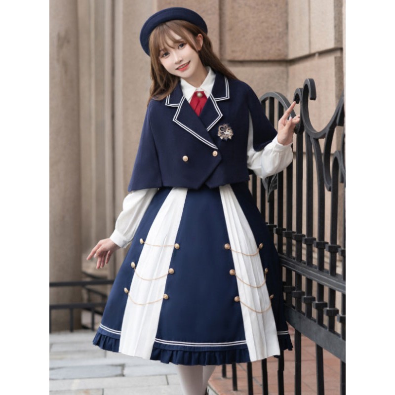 Lolita Outfits Dark Navy Long Sleeves Cape Top Skirt Sets Academic Daily Casual