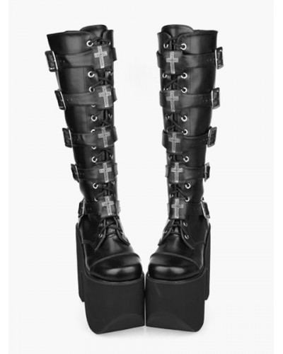 Gothic Black Lolita Boots High Platform Buckles Cross Print