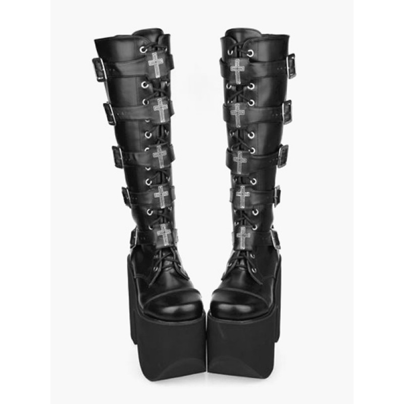 Gothic Black Lolita Boots High Platform Buckles Cross Print