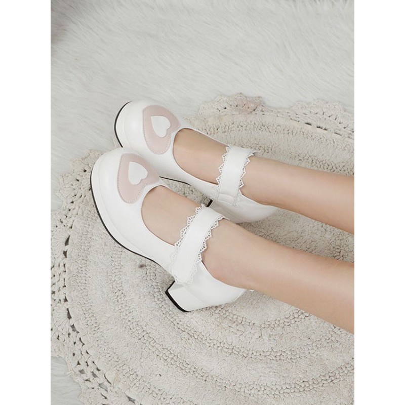 Sweet Lolita Footwear White Cascading Ruffles Round Toe PU Leather Lolita Pumps