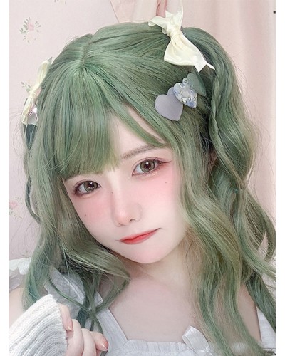 Lolita Wig Green Medium Heat-resistant Fiber Lolita Accessories Sweet Harajuku Fashion ROCOCO Daily Casual Tea Party