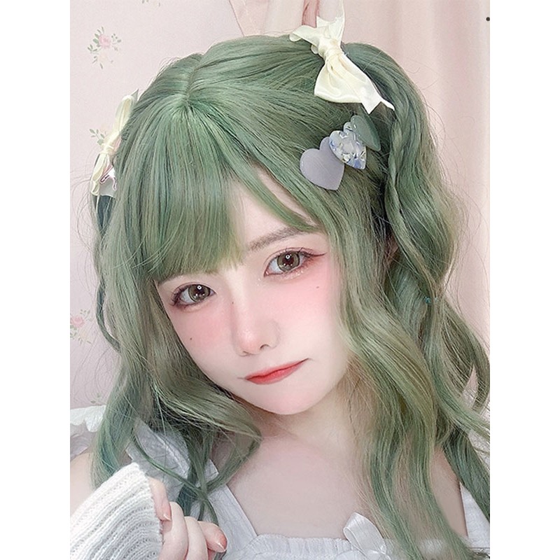 Lolita Wig Green Medium Heat-resistant Fiber Lolita Accessories Sweet Harajuku Fashion ROCOCO Daily Casual Tea Party