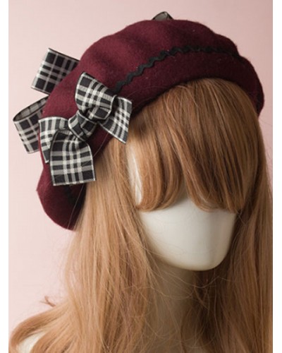 Classic Lolita Beret Plaid Bow Wool Burgundy Lolita Bowler Hat