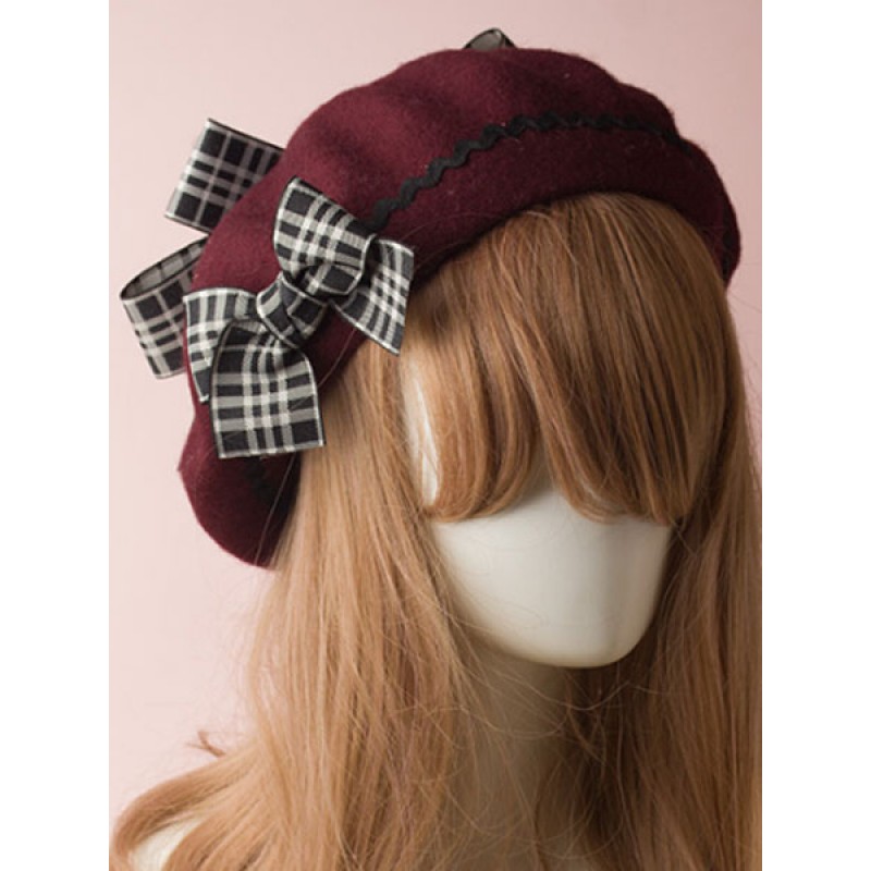 Classic Lolita Beret Plaid Bow Wool Burgundy Lolita Bowler Hat