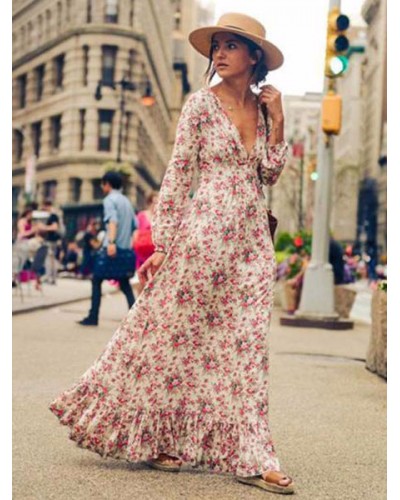 Women Pink Maxi Dress V Neck Long Sleeve Ruffle Floral Printed Slim Fit Long Warp Dress Chic  Modern Summer