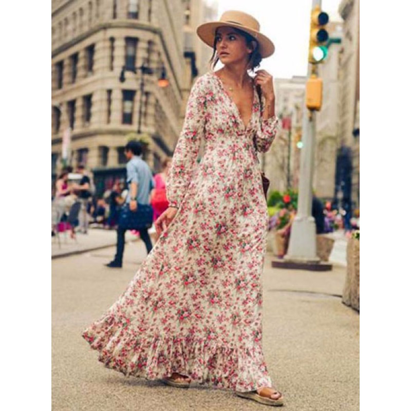 Women Pink Maxi Dress V Neck Long Sleeve Ruffle Floral Printed Slim Fit Long Warp Dress Chic  Modern Summer