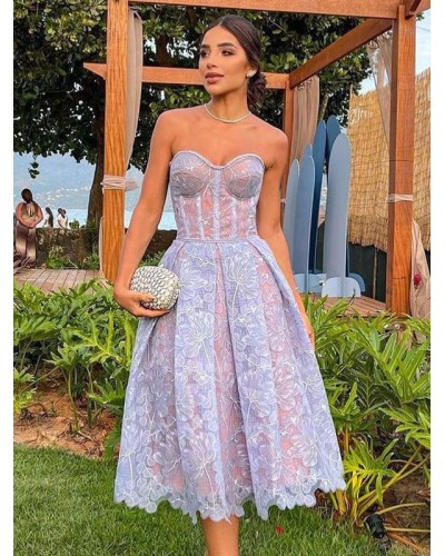 Dresses Lavender Strapless Lace Sleeveless Open Shoulder Semi Formal Dress Chic  Modern Party Dating Resort Wear