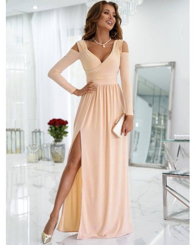 Dress Light Pink V-Neck Long Sleeves Layered Cut Out Sexy Split Long Dress Maxi Dating