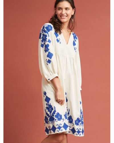 Women Boho Dress Embroidered White V-Neck Gypsy Beach Vacation 3/4 Length Sleeves Spring Summer Midi Shift Dress Bohemian Fall