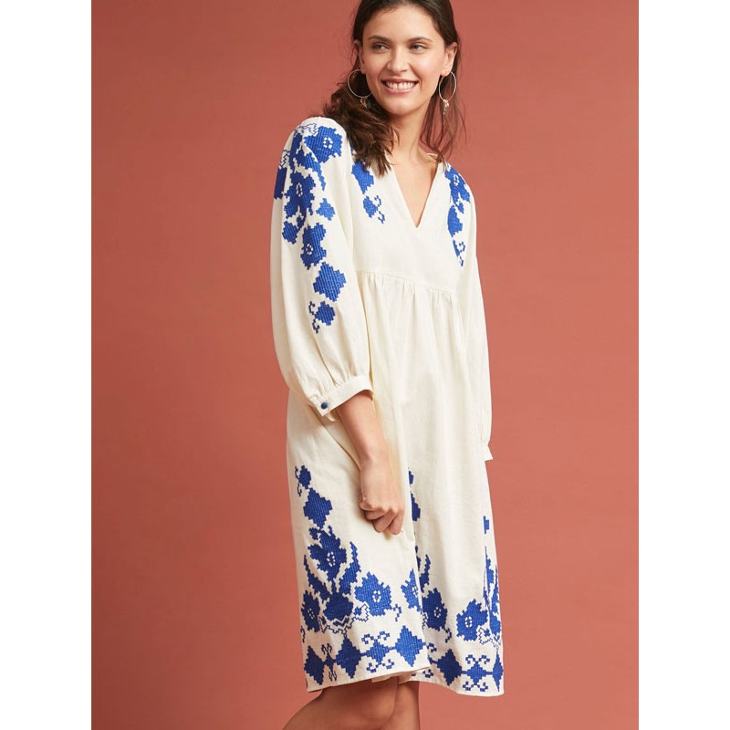 Women Boho Dress Embroidered White V-Neck Gypsy Beach Vacation 3/4 Length Sleeves Spring Summer Midi Shift Dress Bohemian Fall