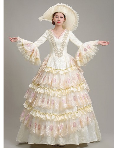 Women Ecru White Retro Costumes Lace Polyester Floral Print Dress 's Marie Antoinette Costume 18th Century Costume Tunic Vintage Euro-Style