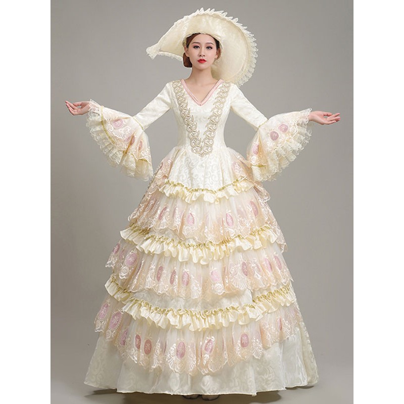 Women Ecru White Retro Costumes Lace Polyester Floral Print Dress 's Marie Antoinette Costume 18th Century Costume Tunic Vintage Euro-Style