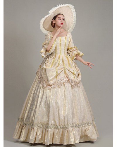 Women Champagne Retro Costumes 's Lace Ruffles Polyester Hat Dress Marie Antoinette Costume Clothing Tunic Vintage Euro-Style