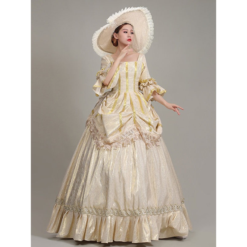 Women Champagne Retro Costumes 's Lace Ruffles Polyester Hat Dress Marie Antoinette Costume Clothing Tunic Vintage Euro-Style