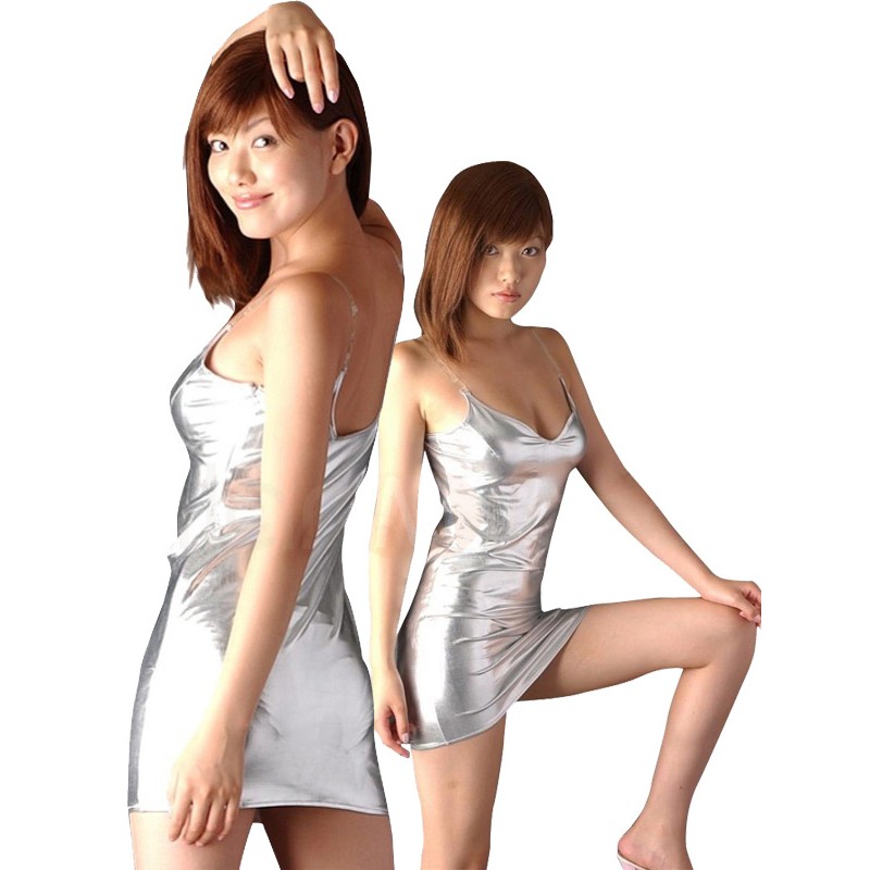 Shiny Metallic Silver Chemise Dresses