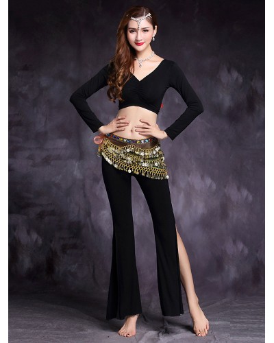 Women Belly Dance Set V Neck High Slit Crop Top With Pant 2 Piece Dancing Wear