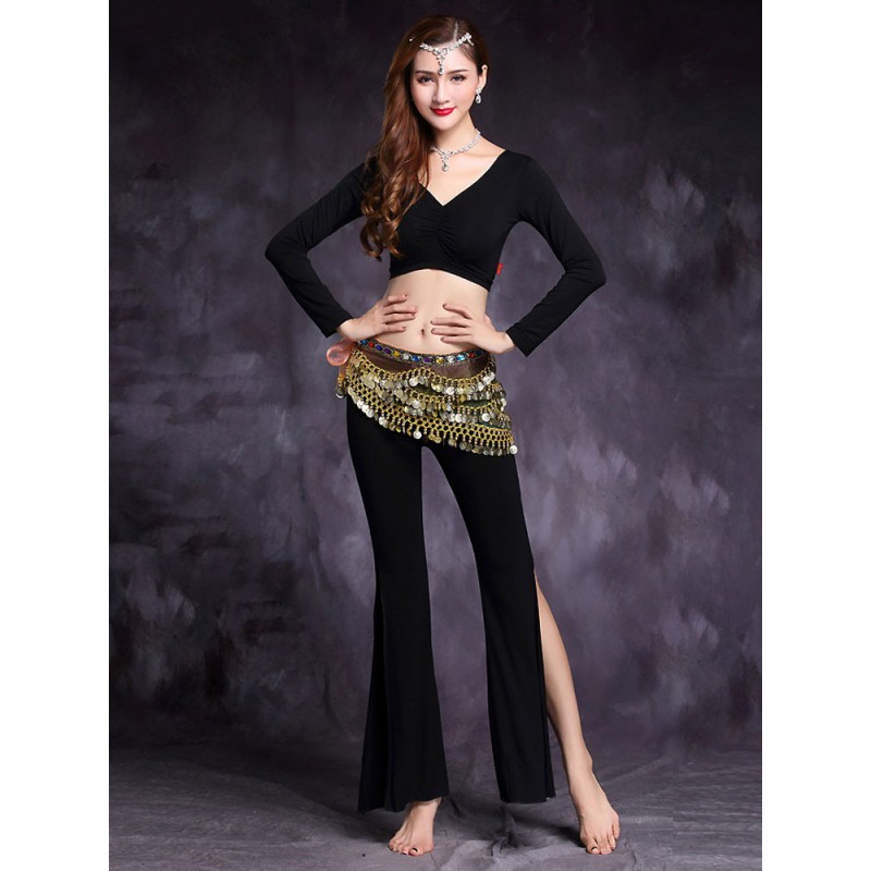 Women Belly Dance Set V Neck High Slit Crop Top With Pant 2 Piece Dancing Wear