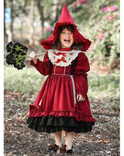 Kids Carnival Cosplay Costumes Burgundy Girls Cotton Lolita  Dress