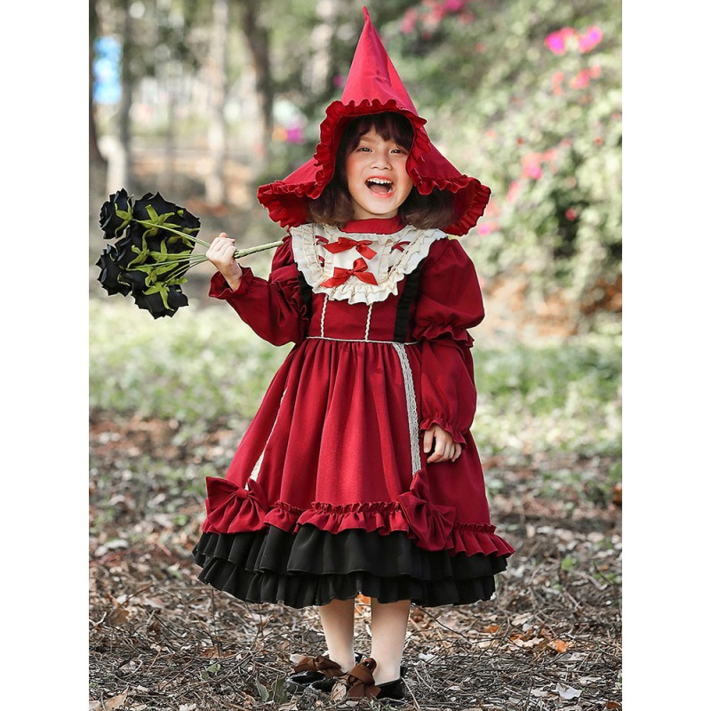 Kids Carnival Cosplay Costumes Burgundy Girls Cotton Lolita  Dress