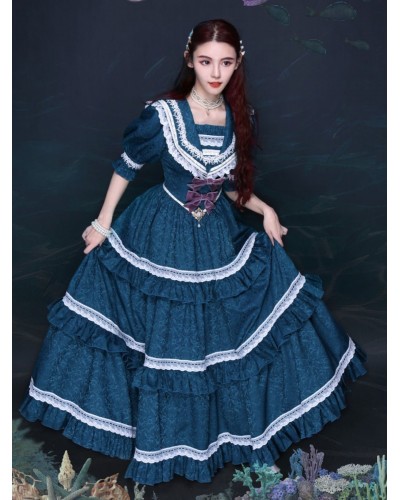 Classical Lolita OP Dress Blue Gray Lace Ruffles Short Sleeves Lolita One Piece Dress