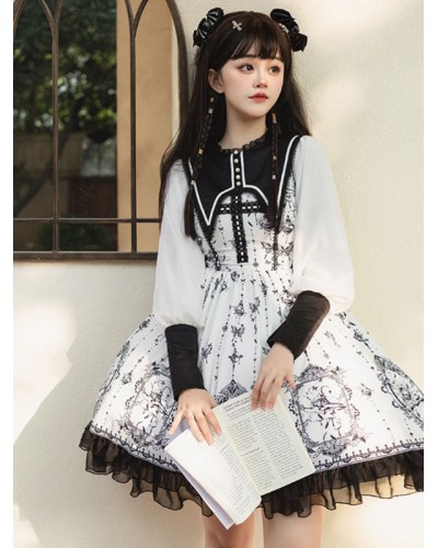 Gothic Lolita Dresses Lace Floral Print cross Black Black