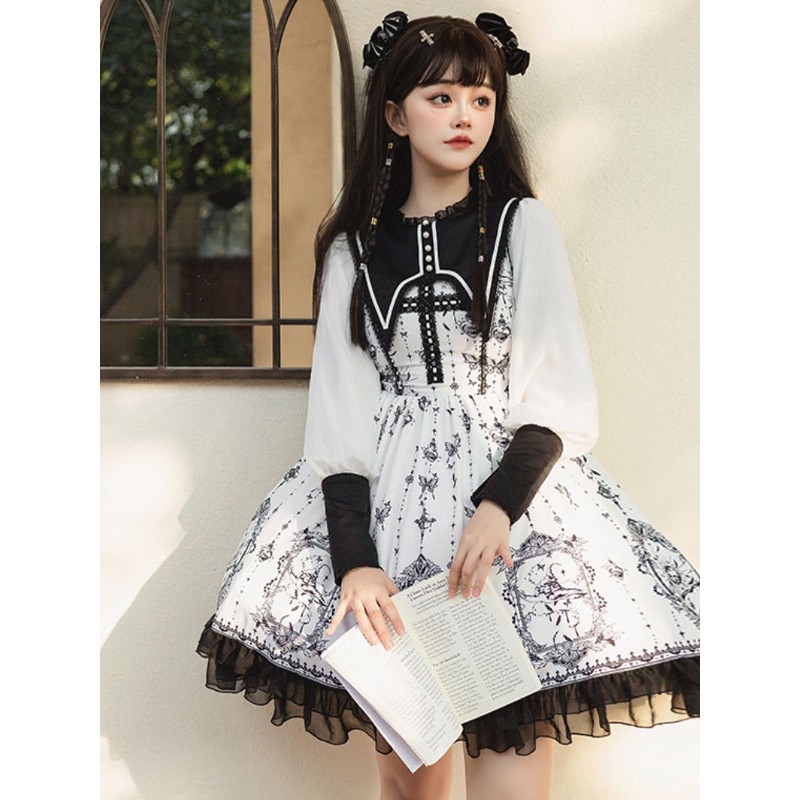 Gothic Lolita Dresses Lace Floral Print cross Black Black