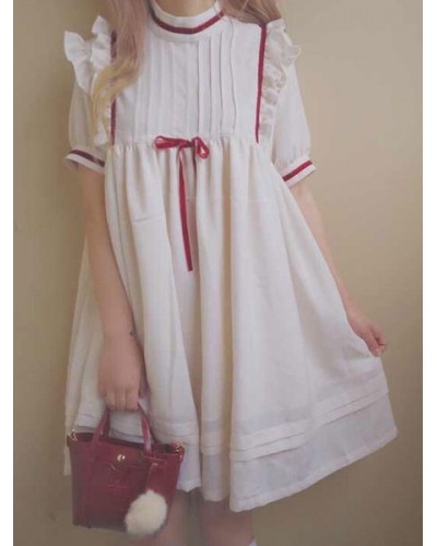 Lolita OP One Piece Dress Short Sleeve Stand Collar Chiffon White Lolita Dress Sweet Spring Summer Daily Casual