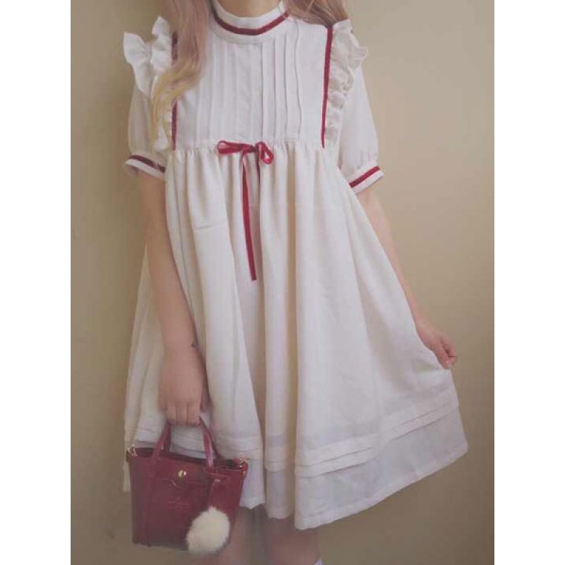 Lolita OP One Piece Dress Short Sleeve Stand Collar Chiffon White Lolita Dress Sweet Spring Summer Daily Casual